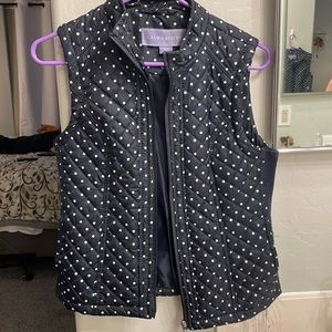 Navy blue polka dot vest, size small. Worn only a few times, good condition.